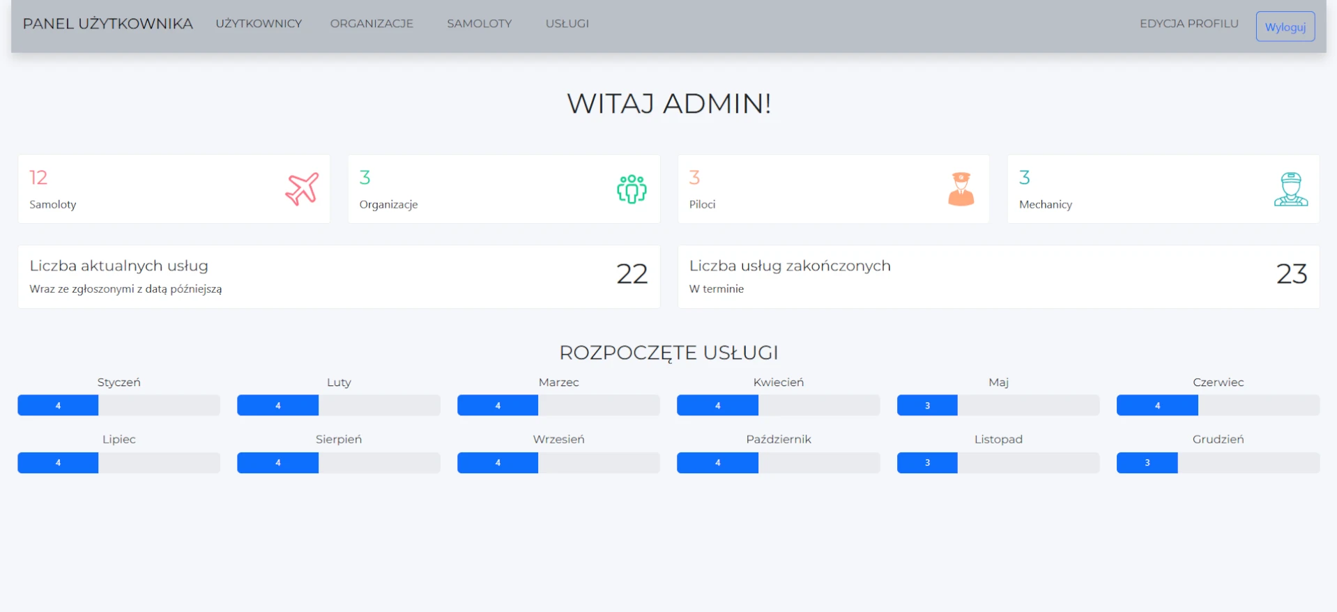 System zarządzania obsługą hangarową — screen 1